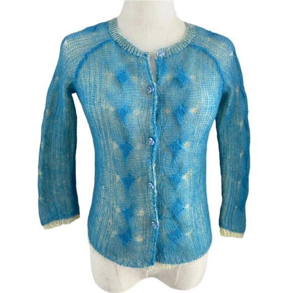 Free people blue open knit mohair blend button up cardigan beachy grandmacore SM - Picture 1 of 11